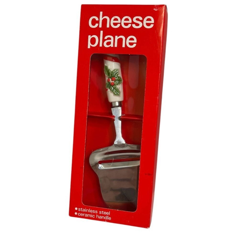 Vintage Christmas Cheese Plane Stainless Steel Ceramic Candy Cane Holly Handle